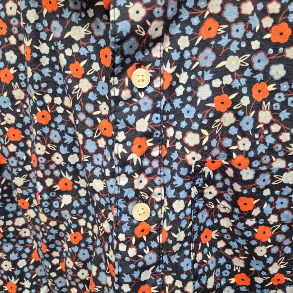Free Assembly Mens Small Navy Blue Floral Cotton Linen Short Sleeve Button Down - Picture 4 of 9